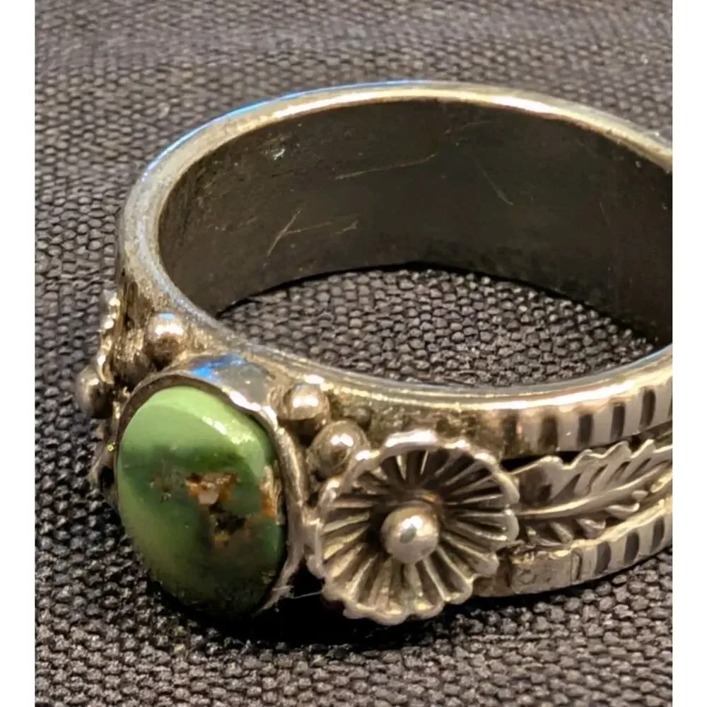 VTG Mens Sterling Silver Natural Green Turquoise Stone Ring Wide Band Sz 8.75